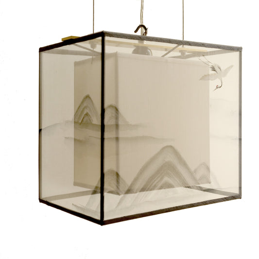 Hand-Painted Modern Asian 'Crane Homecoming' Pendant Light, Minimalist Landscape Square Ceiling Lamp for Dining, Bedroom, Living Room