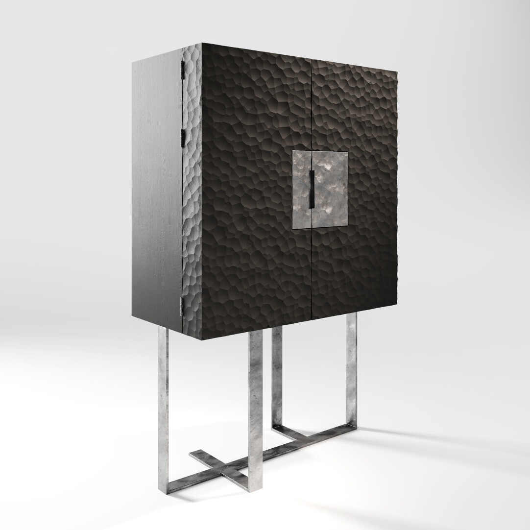 Italian Luxury Bar Cabinet with Dimensional Textured Panels, Modern Silver Ash Wood Storage Cabinet with Chrome X-Base, Designer Sideboard