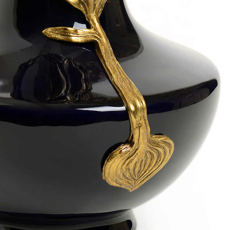 Royal Blue Porcelain and Brass Table Vase – Luxury Creative Decorative Flower Vase for Centerpiece, Living Room, Office, and Modern Home