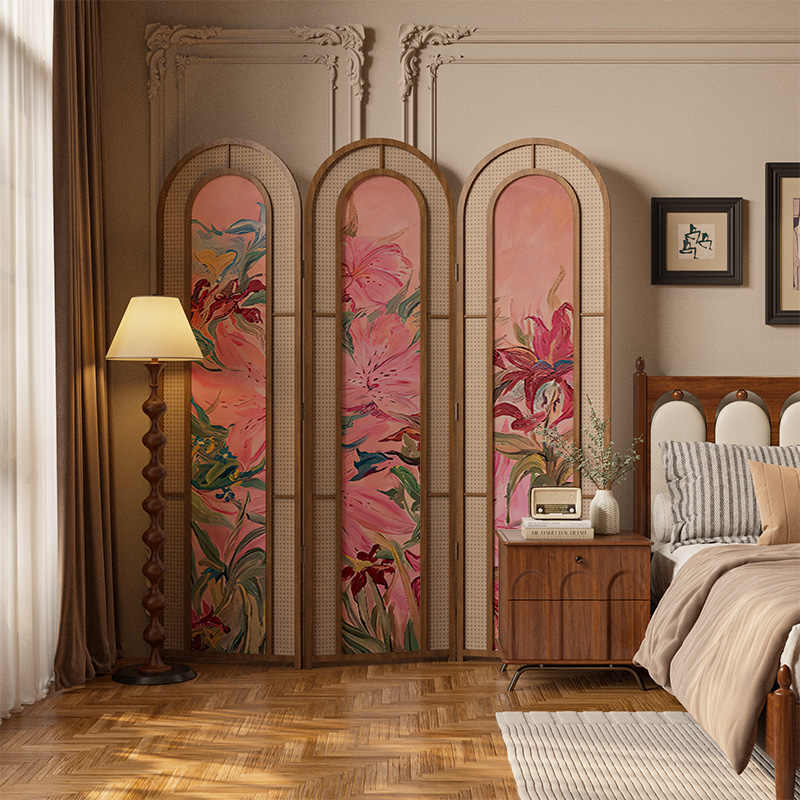 Vintage Rattan Folding Screen, Three-Panel Hand-Painted Floral Solid Ash Wood Room Divider, Elegant Bedroom, Living Room, Entryway Accent