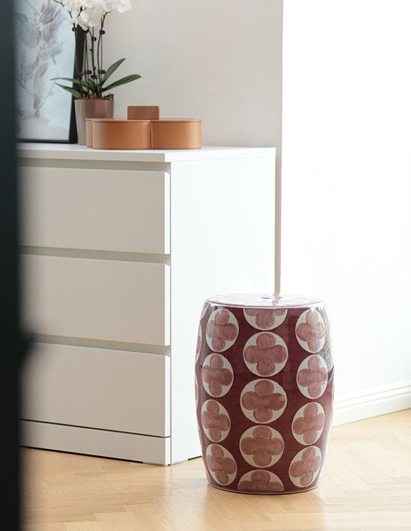 Ceramic Garden Stool with Hand-Painted Four-Leaf Clover, Red Decorative Drum Stool for Living Room, Patio & Side Table Use