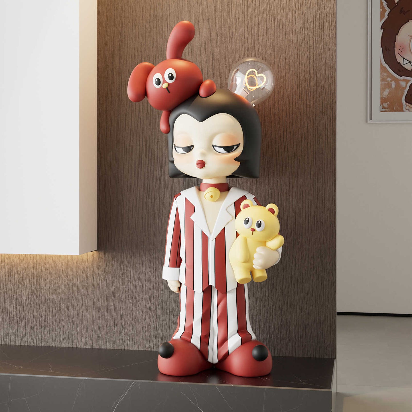 Large Red Sleepy Girl Resin Sculpture Table Lamp, Modern Cartoon Decorative Figurine, Trendy Entrance TV Cabinet Display, Ambient Floor Art for Living Room Streamer Setup