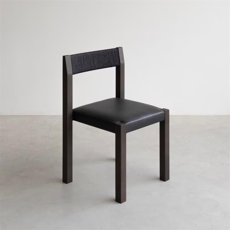 Solid Ash Wood Dining Chair, Minimalist Black Designer Chair with Leather Seat, Modern Retro Accent for Small Dining Spaces