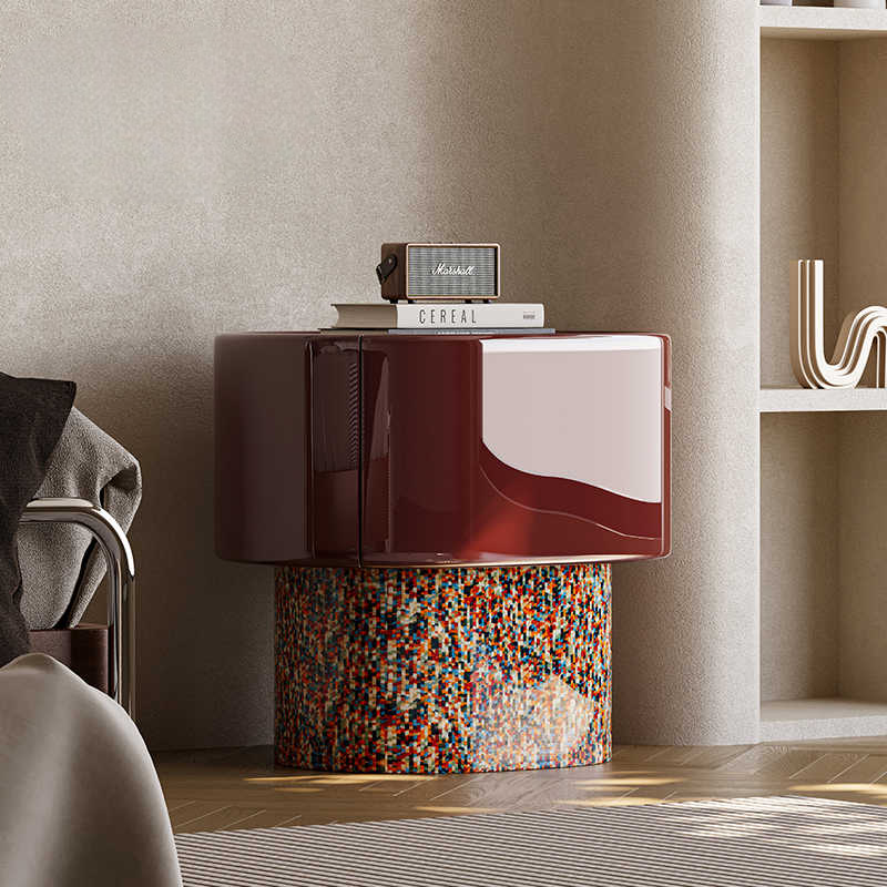 High Gloss Coral Dopamine Nightstand, Retro Modern Bedside Table with Drawer for Luxury Bedroom Storage