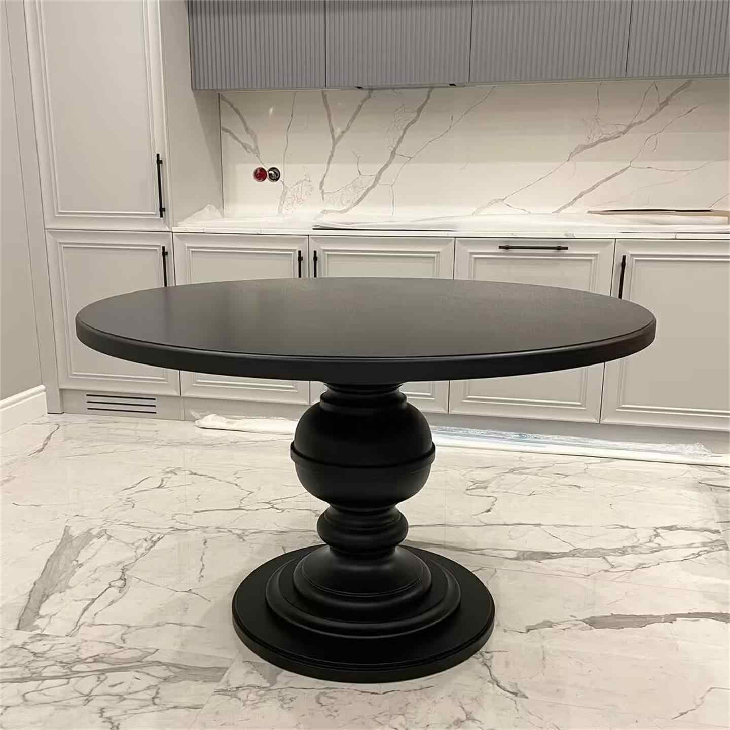 Solid Wood Round Dining Table, Designer Vintage Black Pedestal Table, Small Luxury Apartment or Living Room