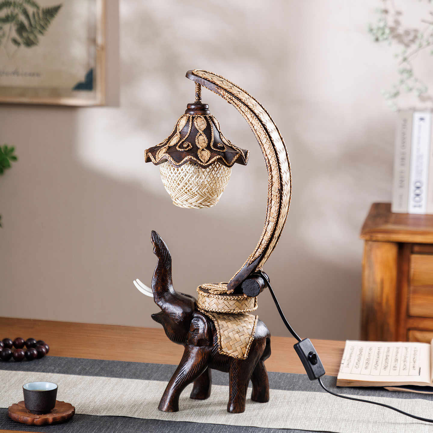Thai Handcrafted Wooden Elephant Table Lamp, Southeast Asian Zen Style Desk Light with Rattan Shade & Basket Storage