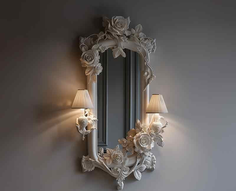 NUMBO French Baroque Illuminated Full-Length Mirror with Rose Carvings & Integrated Sconce Lights