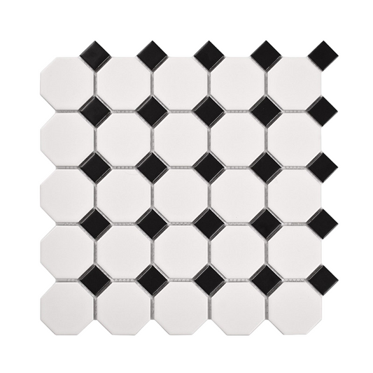 Black White Octagon Mosaic Tile Matte Porcelain Floor Tile Non Slip Bathroom Kitchen Backsplash Tile Retro Geometric Ceramic Mosaic for Shower Wall Flooring