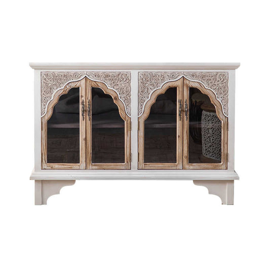 French Vintage Carved Wood Display Cabinet, Palace-Style Glass Door Sideboard with Intricate Floral Carvings, European Entryway Storage Console