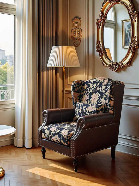 Vintage Wingback Armchair – Retro High-Back Floral Leather Fabric Accent Chair for Living Room & Bedroom