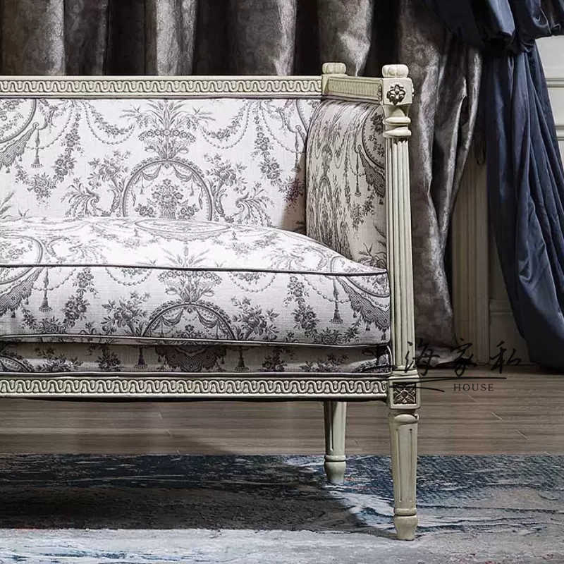 French Louis XVI Style Settee with Classical Toile Upholstery, Distressed Wood Frame Two-Seater Sofa with Carved Details, European Formal Living Room Furniture,