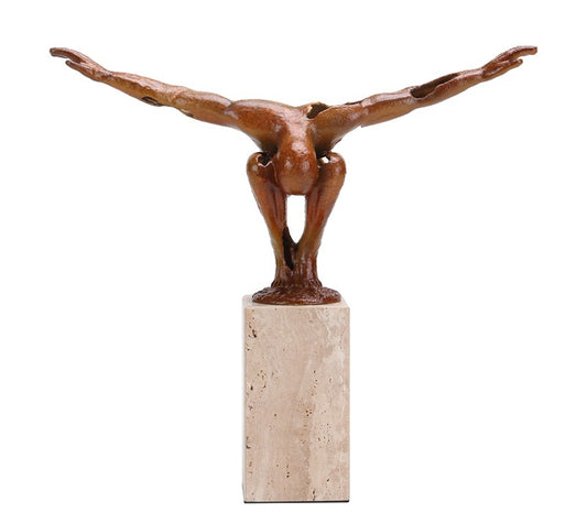 Modern Luxury Abstract Gymnast Sculpture, Wide Pose Artistic Metal Figure on Pedestal for Entryway, Living Room, Office, or Hotel Decor
