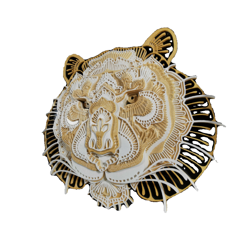 Tiger Head 3D Layered Wall Art – Modern Mandala Hotel Decor, Unique White Cartoon-Style Tiger Sculpture for Home, Guesthouse, Minimalist Accent