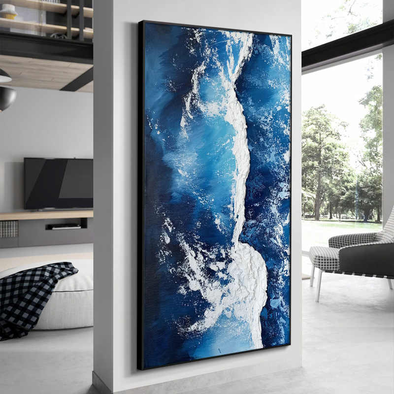 Modern Minimalist Deep Blue Abstract Ocean Waves Textured Hand-Painted Canvas Wall Art with Black Aluminum Frame, Living Room Sofa & Entryway Decor