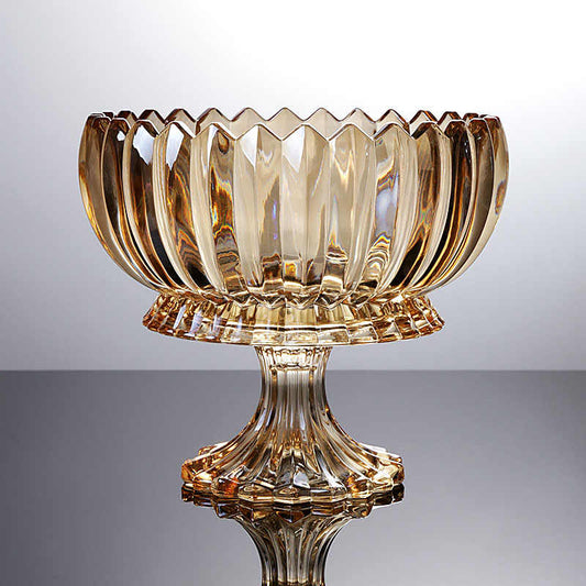 Luxury Crystal Glass Pedestal Fruit Bowl, Ribbed Golden Pattern High-Stem Compote Dish, Instagram-Style Home Decor for Living Room Coffee Table