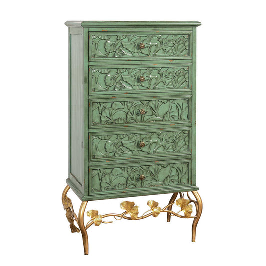 American Vintage Sage Green Chest with Hand-Carved Botanical Relief & Brass Ginkgo Base, 5-Drawer Storage Cabinet