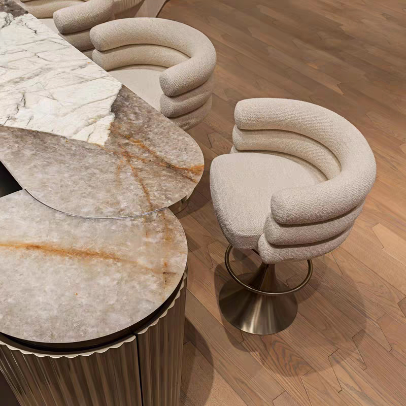 Luxury Modern Swivel Bar Stool with Gold Metal Base, Adjustable Height, Backrest, High-End Upholstered Kitchen Counter Chair