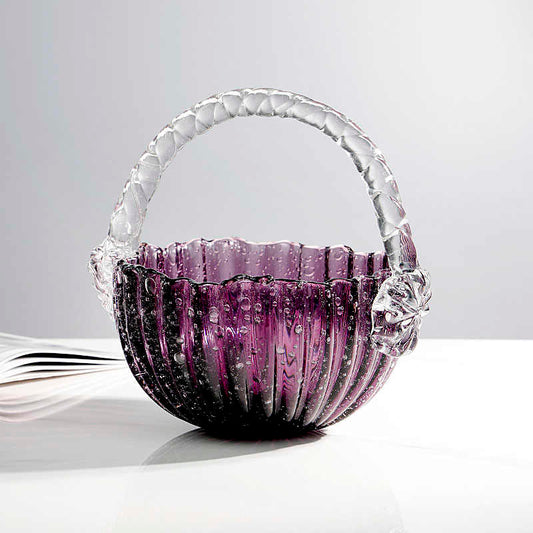 Creative Purple Bubble Glass Fruit Basket with Handle, Luxury Ribbed Crystal Serving Bowl for Living Room Storage, Decorative Art Craft Piece