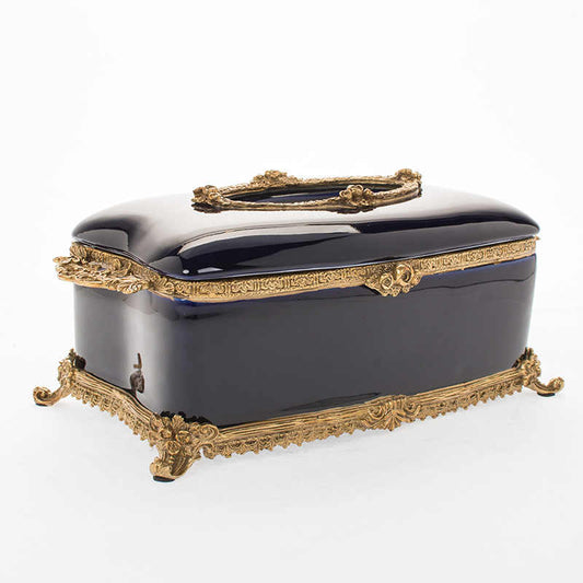 Royal Blue Porcelain and Brass Tissue Box Holder – Elegant Decorative Napkin Dispenser for Dining Table, Living Room, Office, and Coffee Table