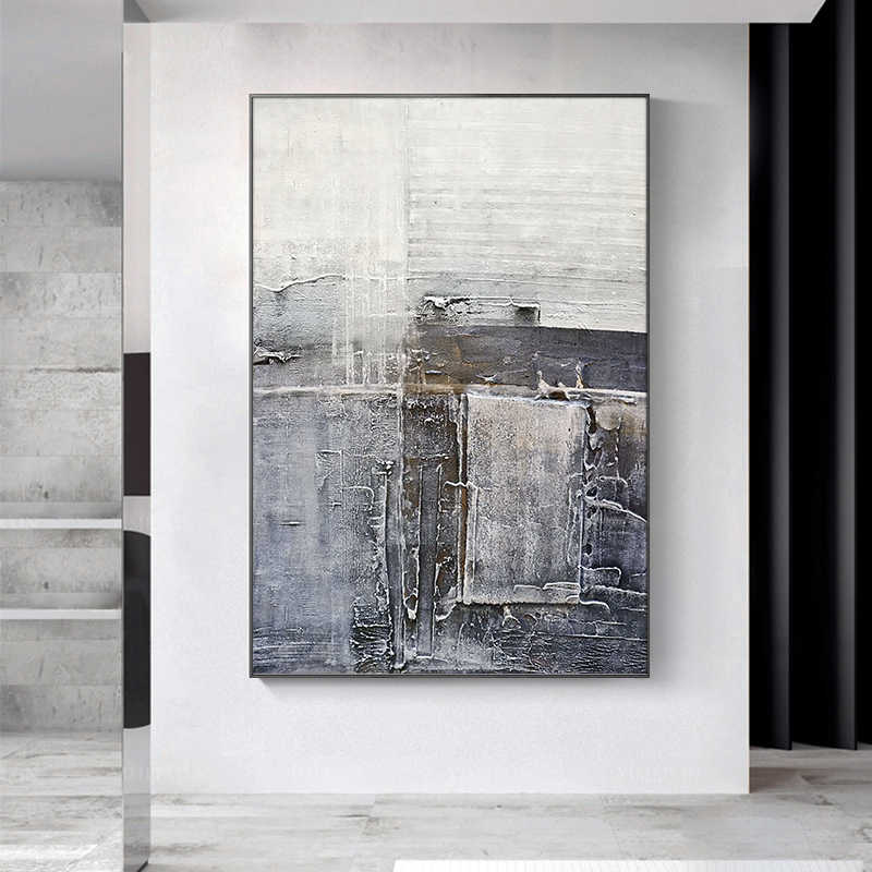 Modern Minimalist Large Black White Gray Abstract Hand-Painted Canvas Wall Art, Vertical Textured Oil Painting with Black Aluminum Frame, Living Room & Entryway