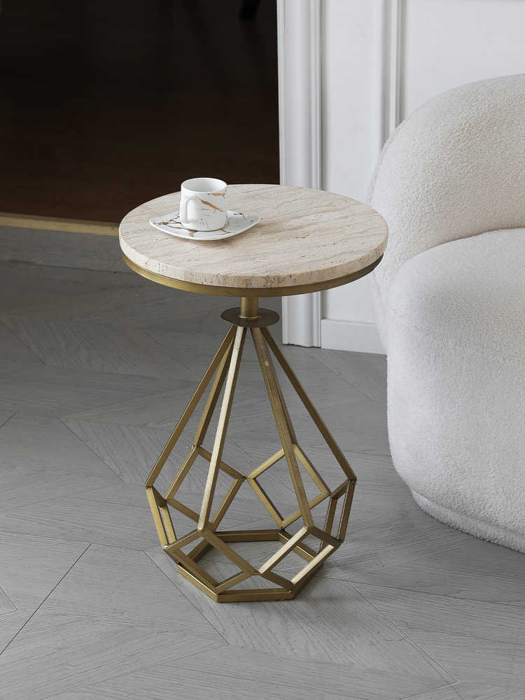 Minimalist Natural Yellow Travertine Marble Side Table, Luxury Geometric Gold Metal Accent Table for Living Room & Sofa