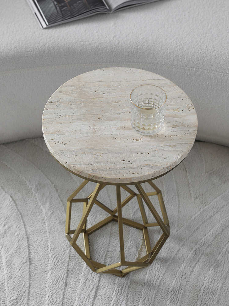 Minimalist Natural Yellow Travertine Marble Side Table, Luxury Geometric Gold Metal Accent Table for Living Room & Sofa