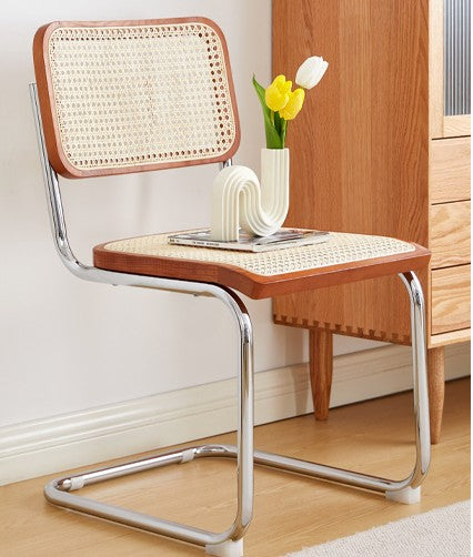 Retro Mid-Century Modern Cane Dining Chair – Solid Wood with Cherry Finish, Single Vintage Loom Backrest Desk & Makeup Vanity Chair