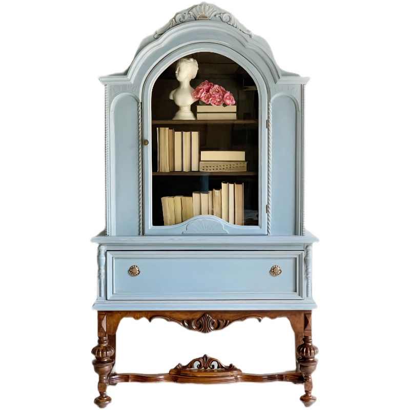 Vintage Luxury Carved Glass-Front Display Cabinet – Solid Wood Single-Door Wine & Bookcase High Cabinet