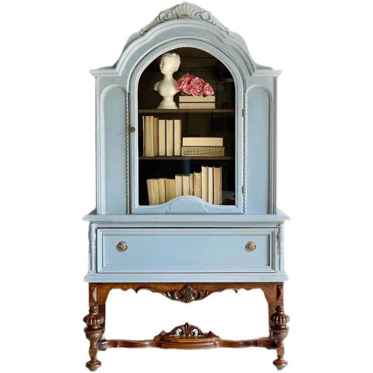 Vintage Luxury Carved Glass-Front Display Cabinet – Solid Wood Single-Door Wine & Bookcase High Cabinet
