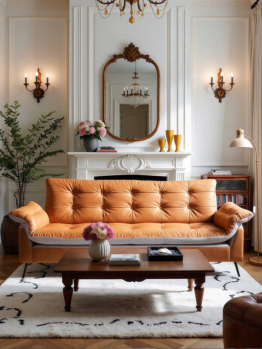 Vintage Leather Sailboat Sofa – Retro Designer 3-Seater for Living Room, Homestay, or Café, Tufted Couch