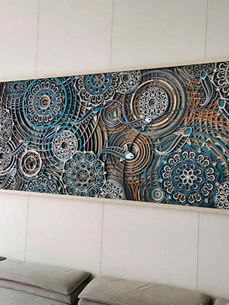 Large Abstract 3D Wood Wall Art – Modern Geometric Layered Panel for Bedroom, Sofa, Living Room