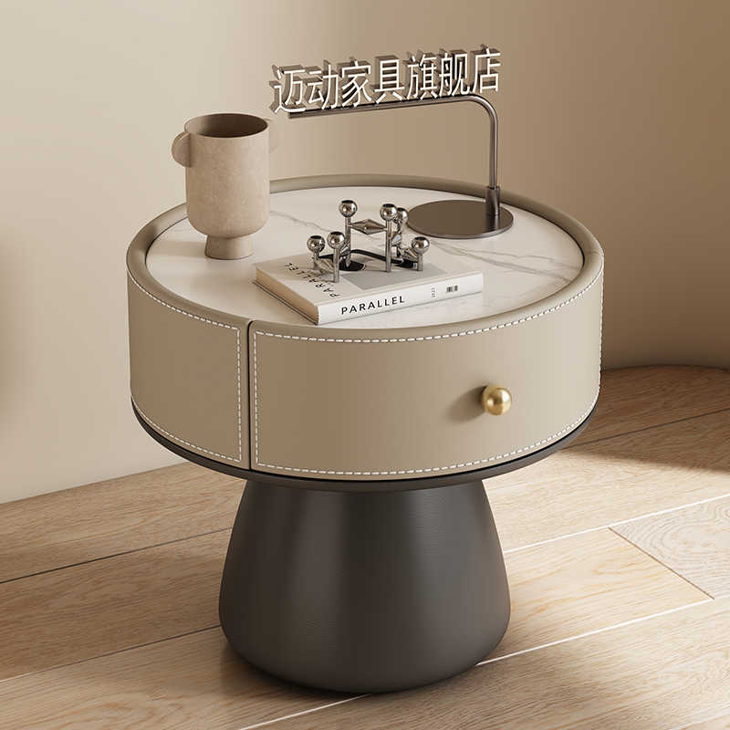 Italian Luxury Round Nightstand with Leather Upholstery & Marble Top, Contemporary Bedside Table with Drawer Storage, Modern Bedroom Side Table