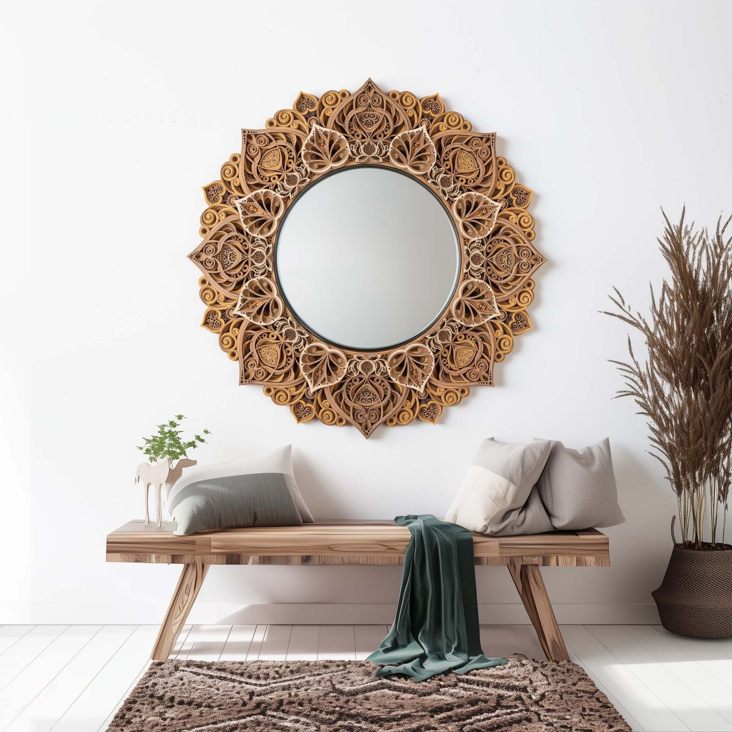 Mandala Mirror Wall Art – 3D Bodhi Flower Decorative Wooden Round Mirror, Boho Modern Living Room, Entryway, Bedroom