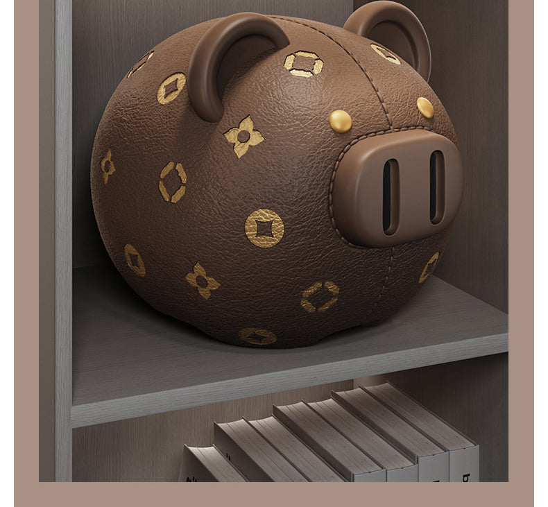Luxury Designer Piggy Bank with Monogram Pattern, Premium Brown Leather-Look Savings Bank for Kids & Adults, One-Way Coin Slot Money Box