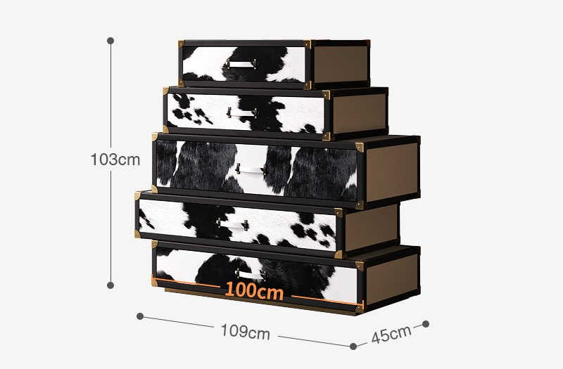 Italian Luxury Cowhide Chest of Drawers with Brass Corners, Modern Designer 5-Drawer Storage Cabinet for Entryway