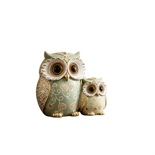 Set of 2 Sage Green and Gold Embossed Owl Figurines, Vintage Resin Owl Statues with Raised Relief Details for Entryway Console, Bookshelf, Office Desk, Living Room and Bedroom Décor