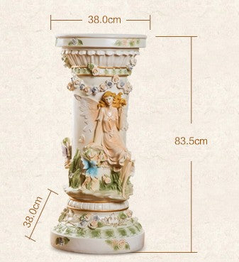 Ornate European Angel Decorative Column Pedestal, Hand-Painted Porcelain Roman Pillar Plant Stand with Floral Details, Luxury Home Display Sculpture