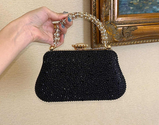 UGALS French Luxury Beaded Evening Clutch with Crystal Handle, Vintage Rhinestone Frame Purse with Chain Strap