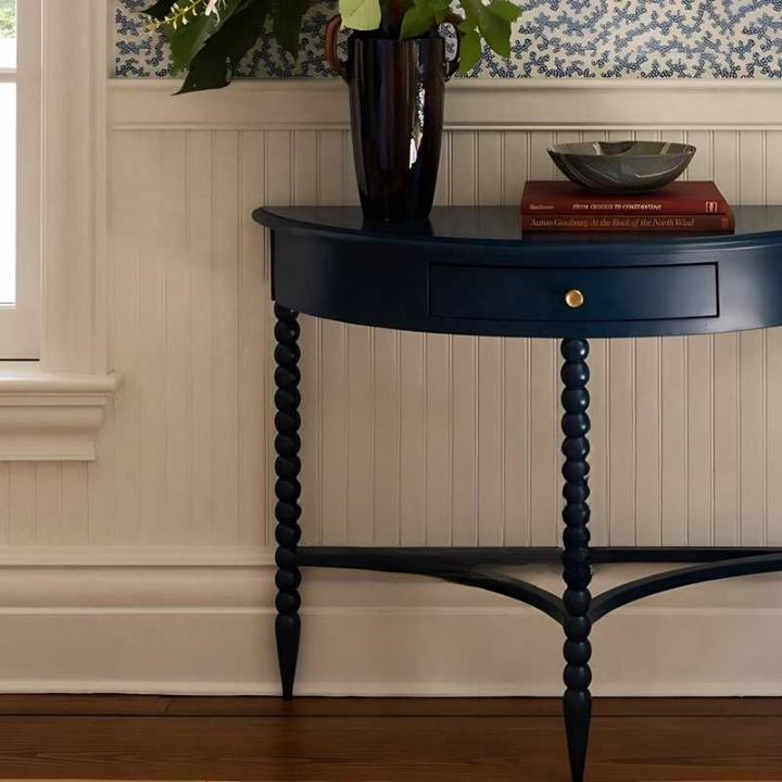 Black Solid Wood Half-Moon Console Table – Decorative Spindle Leg Entryway Table with Drawer, Semi-Circle Foyer Accent