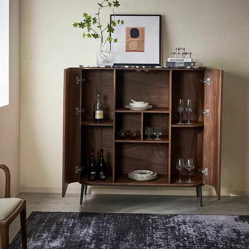 Modern Walnut Wood Parquet Pattern Storage Cabinet, Scandinavian Style Bar Cabinet with Geometric Veneer Design, Contemporary Living Room Sideboard,