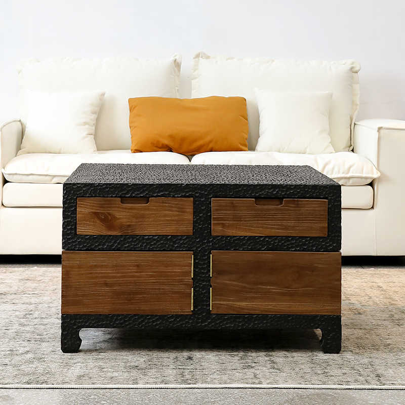 Contemporary Japanese Wabi-Sabi Square Coffee Table – Weathered Solid Wood with Textured Frame and Storage Drawers, Rustic Designer Furniture
