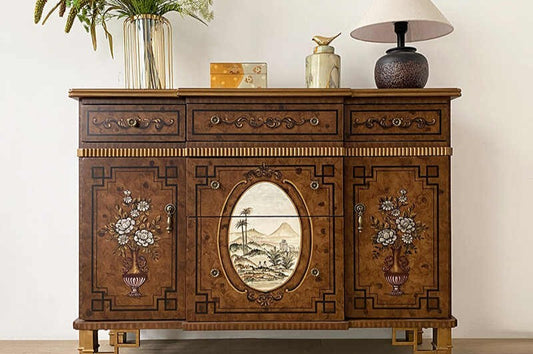 Neoclassical Hand-Painted Sideboard, Vintage Console with Carved Floral Panels, Luxury Entryway Storage Cabinet