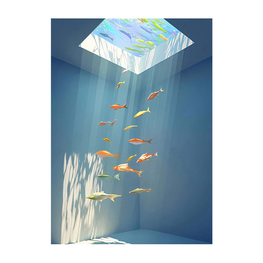 Modern Hand-Painted Oil Painting, "Light Through the Water" Fish Art for Living Room Entryway, High-End Minimalist Wall Decor Titanium Black Frame