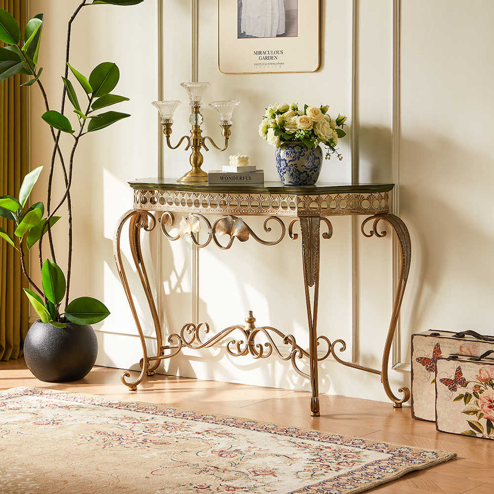 Vintage Country Console Table – Ornate Gold Metal Entryway Hall Table with Curved Legs and Art Deco Storage