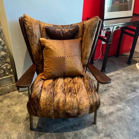 Vintage American Retro Leisure Armchair, Luxury Cowhide & Walnut Lounge Chair with Brass Frame, Customizable