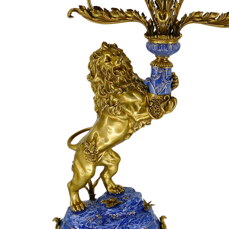 Luxury Blue Porcelain Brass Lion Candelabra – Villa Entrance Candle Holder Centerpiece