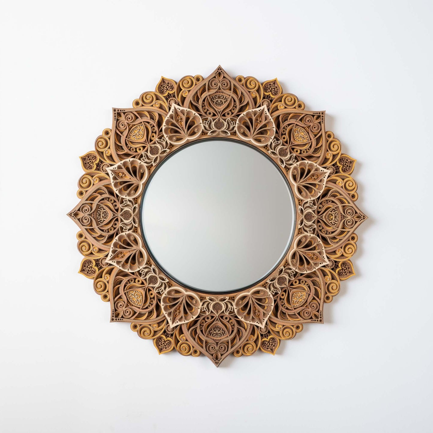 Mandala Mirror Wall Art – 3D Bodhi Flower Decorative Wooden Round Mirror, Boho Modern Living Room, Entryway, Bedroom