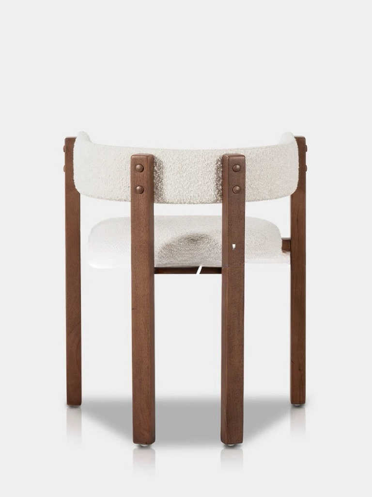 Nordic Wabi-Sabi Dining Chair with Boucle Upholstery, Solid Wood Frame Accent Chair with Curved Backrest, Hotel & Café Reception Chair in Cream White