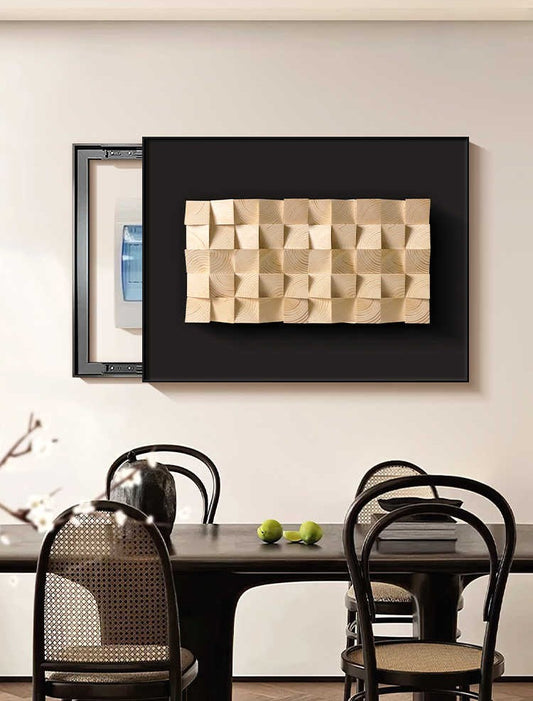 Solid Wood 3D Wall Art Panel, High-End Concealed Utility Box Cover—Retro Dining Room Decorative Painting (Hydraulic Lift, Black Aluminum Frame)