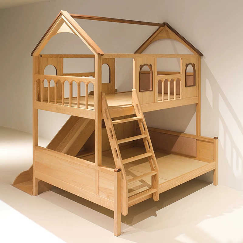 Solid Wood House Bunk Bed with Slide – Twin Over Full Playhouse Kids Bed, Natural Wood Children's Bedroom Furniture, Multi-Function Loft Bed for Boys and Girls